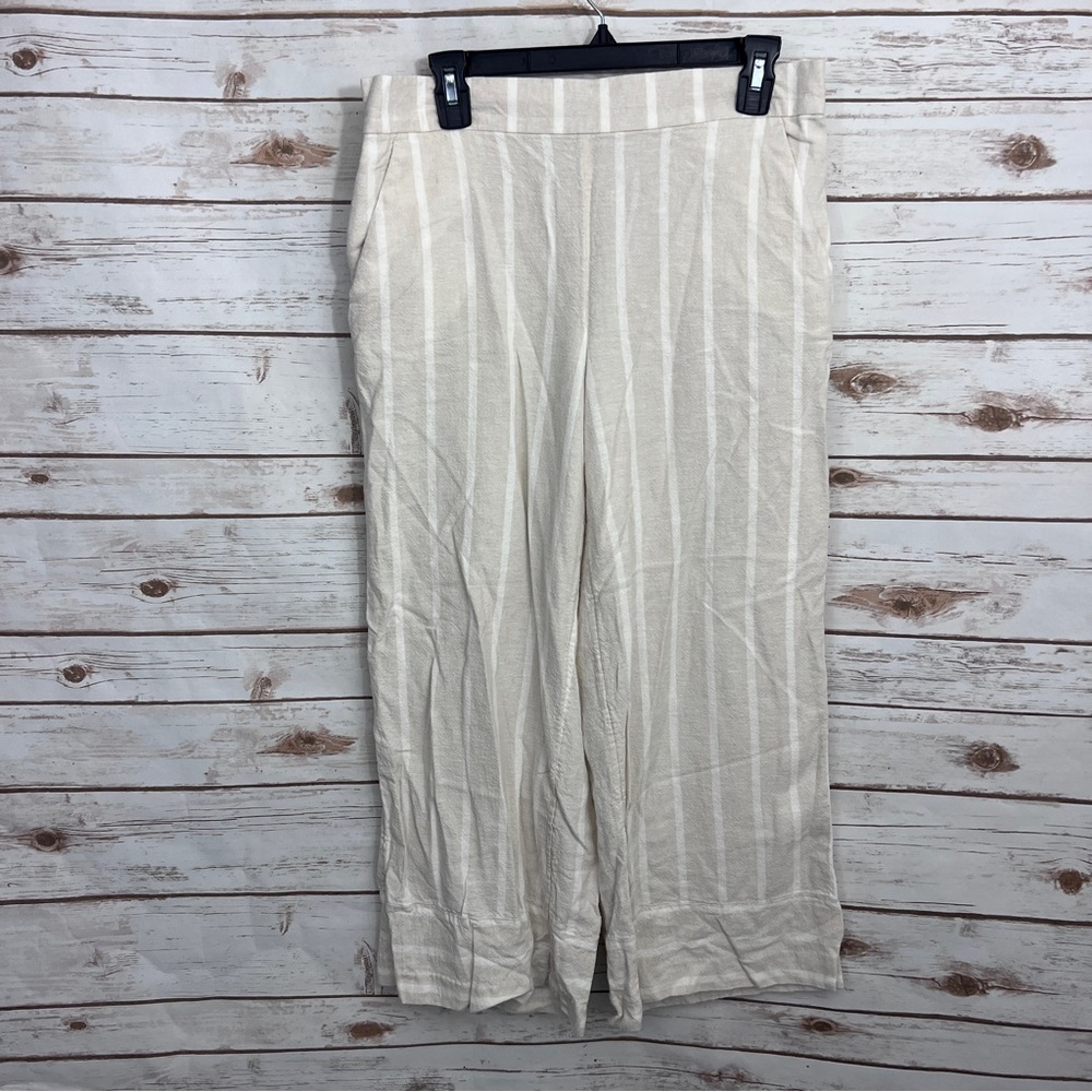 Loft Beige White Striped Linen Blend Pull On Wide Leg Crop Pants